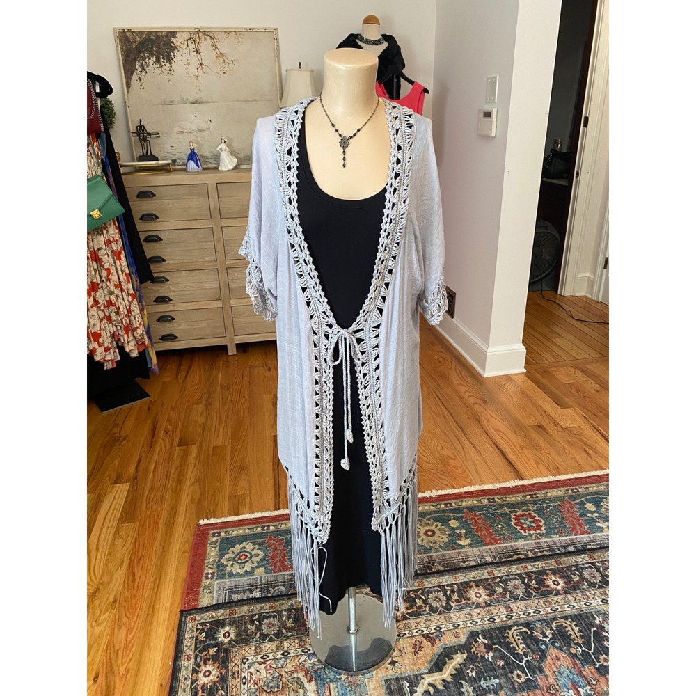 Forgotten Grace Gray Crochet Fringe Kimono Cardigan XL Boho Open Front Longline